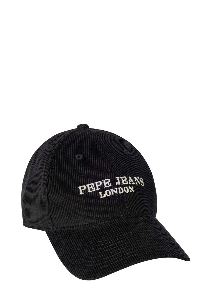 Cappello in velluto a coste nero con ricamo bianco "PEPE JEANS LONDON". Tesa curva, design a sei pannelli strutturati, materiale testurizzato.
