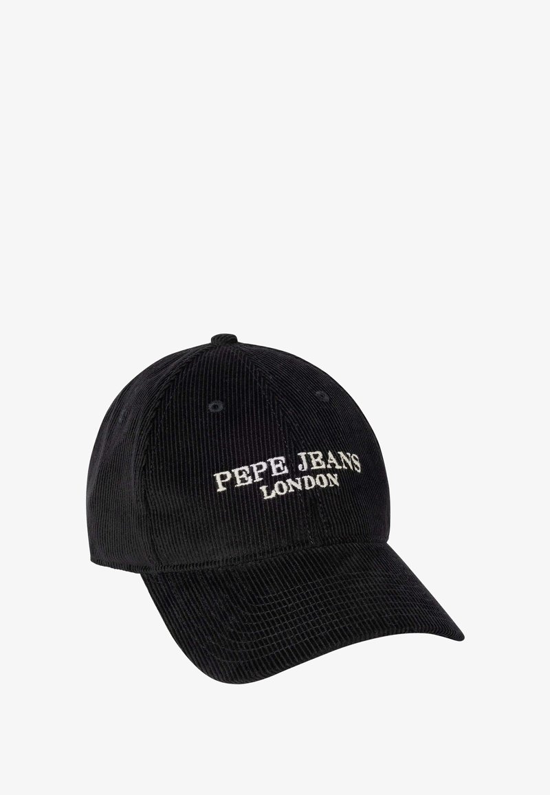 Cappello in velluto a coste nero con ricamo bianco "PEPE JEANS LONDON". Tesa curva, design a sei pannelli strutturati, materiale testurizzato.