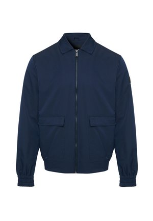 Giacca blu navy con cerniera e colletto, due tasche anteriori con patta e polsini elastici sulle maniche lunghe.