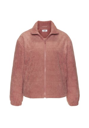 Pink corduroy zip-up jacket with high collar and elastic cuffs, featuring vertical ribbed texture and front pockets.