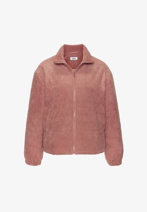 Pink corduroy zip-up jacket with high collar and elastic cuffs, featuring vertical ribbed texture and front pockets.