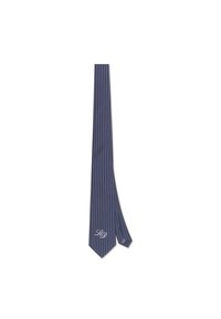 Navy slips med hvite vertikale striper, laget av glatt stoff, med spissende ende og en liten brodert logo nær tuppen.