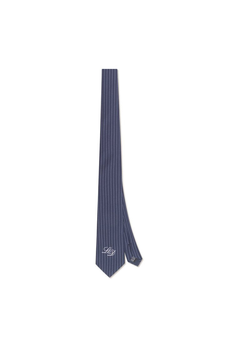 Navy slips med hvite vertikale striper, laget av glatt stoff, med spissende ende og en liten brodert logo nær tuppen.
