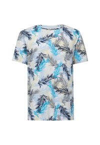 Korte mouwen t-shirt van lichtgewicht stof, met een lichtblauwe achtergrond en bladeren in marineblauw, grijs en turquoise.