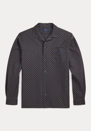 Dunkelblaues langärmeliges Hemd zum Knöpfen mit rotem und beigem geometrischem Muster, Kragen, Brusttasche und "Polo Ralph Lauren"-Etikett im Krageninneren.