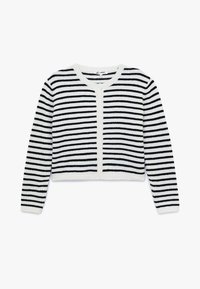 Svart och vit randig kort cardigan med långa ärmar, rund halsringning och knappstängning fram. Mjuk, texturerad tyg.