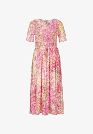 Korte mouwen, middellange jurk met een gesmockte bovenkant. Gemaakt van lichte stof met een pastel abstract patroon in roze en gele tinten.