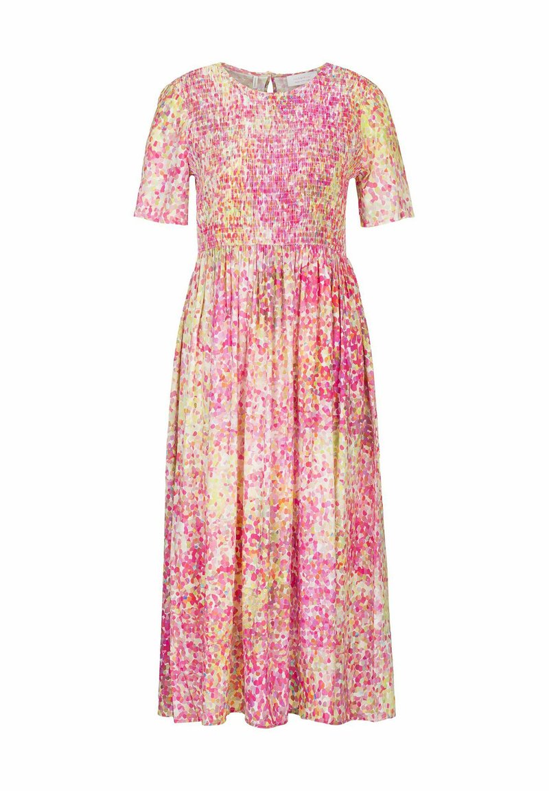 Korte mouwen, middellange jurk met een gesmockte bovenkant. Gemaakt van lichte stof met een pastel abstract patroon in roze en gele tinten.