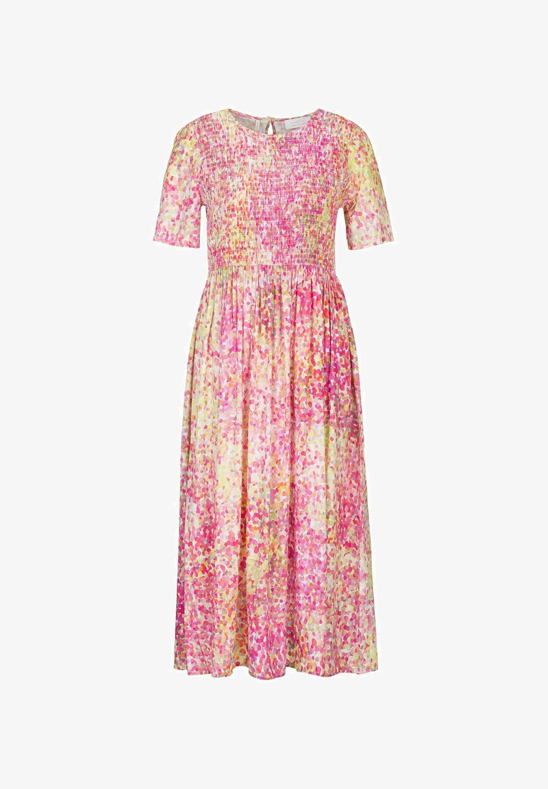 Kurzärmliges, knielanges Kleid mit einem gerafften Oberteil. Hergestellt aus leichtem Stoff mit einem pastellfarbenen abstrakten Muster in Rosa- und Gelbtönen.