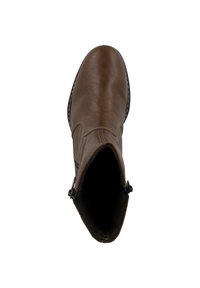 Braune Leder-Ankle-Boots mit abgerundetem Zehenbereich, kontrastierenden Nähten und seitlichem Reißverschluss. Das Innere verfügt über eine weiche Fütterung für mehr Komfort.