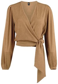 Top avvolgente marrone a costine con maniche lunghe a sbuffo e cintura legata. Presenta una scollatura a V profonda e un tessuto testurizzato per un ulteriore dettaglio.