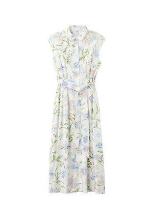 Vestido midi blanco sin mangas con estampado floral en azul pastel y melocotón, cierre de botones en la parte delantera, cuello y cinturón a juego en la cintura.