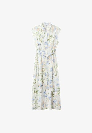 Vestido midi blanco sin mangas con estampado floral en azul pastel y melocotón, cierre de botones en la parte delantera, cuello y cinturón a juego en la cintura.