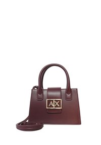 Borsa in faux leather bordeaux con logo AX in tonalità oro, manici superiori e tracolla rimovibile. Forma strutturata, texture liscia.