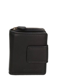 Zwart leren portemonnee met ritssluiting, gestructureerd oppervlak, rechthoekige vorm en een drukknoopsluiting detail aan de voorkant.