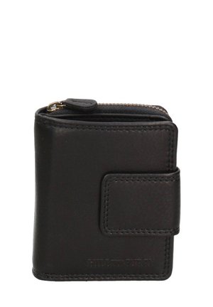 Black leather wallet with a zip closure, textured surface, rectangular shape, and a snap button strap detail on the front.