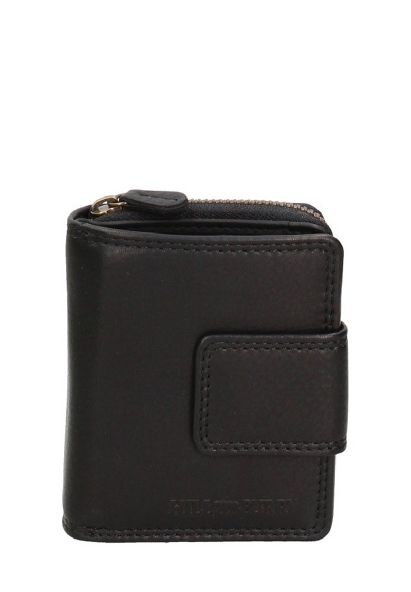 Zwart leren portemonnee met ritssluiting, gestructureerd oppervlak, rechthoekige vorm en een drukknoopsluiting detail aan de voorkant.