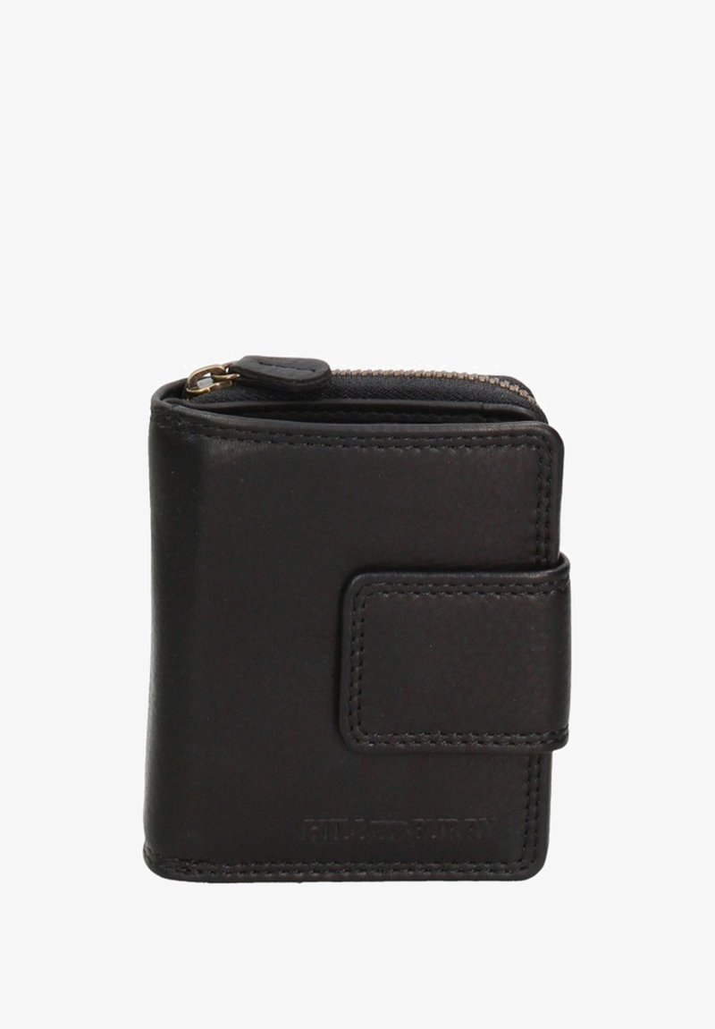 Portafoglio in pelle nera con chiusura a zip, superficie testurizzata, forma rettangolare e dettaglio con linguetta a scatto sul fronte.