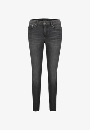 Jeans skinny de mezclilla en gris oscuro, con un diseño clásico de cinco bolsillos, cierre frontal de botón y un ligero desgaste para ofrecer textura.