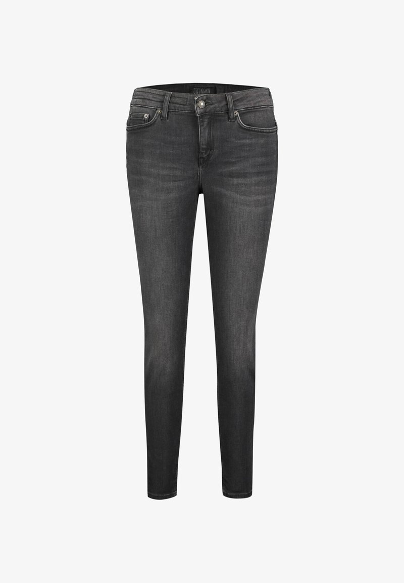 Jeans skinny de mezclilla en gris oscuro, con un diseño clásico de cinco bolsillos, cierre frontal de botón y un ligero desgaste para ofrecer textura.