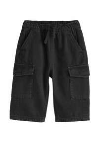 Shorts cargo noirs en mélange de coton, dotés d'une taille élastique avec cordon de serrage, poches latérales et deux poches cargo sur chaque jambe.