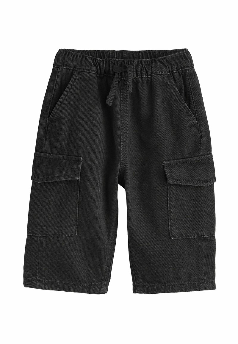 Shorts cargo noirs en mélange de coton, dotés d'une taille élastique avec cordon de serrage, poches latérales et deux poches cargo sur chaque jambe.