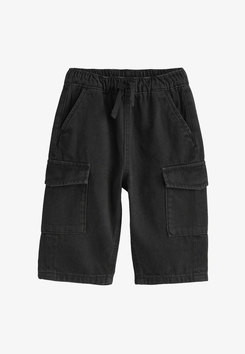 Zwarte cargoshorts van een katoenmix, met een elastische tailleband met een trekkoord, zijzakken en twee cargozakken op elk been.