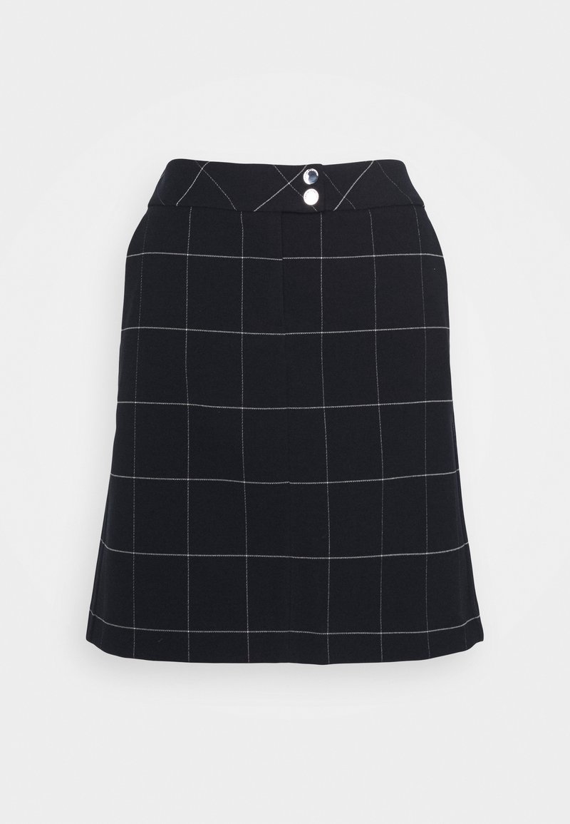 Czarna spódnica z białym wzorem w kratę, wykonana z teksturowanej tkaniny. Posiada prosty krój i dwie dekoracyjne guziki w talii.