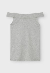 Grå ermeløs topp laget av bomullsblanding, med off-the-shoulder-design, glatt tekstur og rett søm. Ingen mønstre eller detaljer.