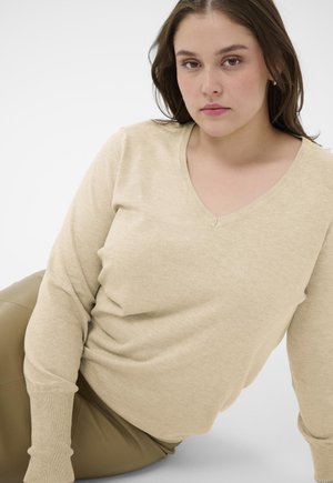 Joven mujer de cabello castaño con suéter beige de cuello en V y pantalones, sentada y apoyándose ligeramente hacia adelante contra un fondo blanco.