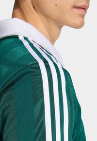 Πράσινο αθλητικό μπουφάν με λευκές ρίγες, λευκό γιακά και υφασμάτινη υφή με εναλλασσόμενα πάνελ γυαλιστερού και ματ φινιρίσματος.