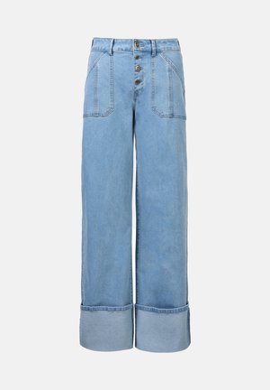 Lyseblå vid jeans i denim med knappestang, fem lommer og oppbrettede hems. Laget av myk, teksturert bomullsstoff.