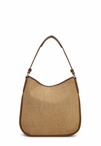 Borsa hobo in paglia intrecciata con rifiniture in pelle marrone liscia e manico a spalla. Forma curva con superficie texture e design sobrio.