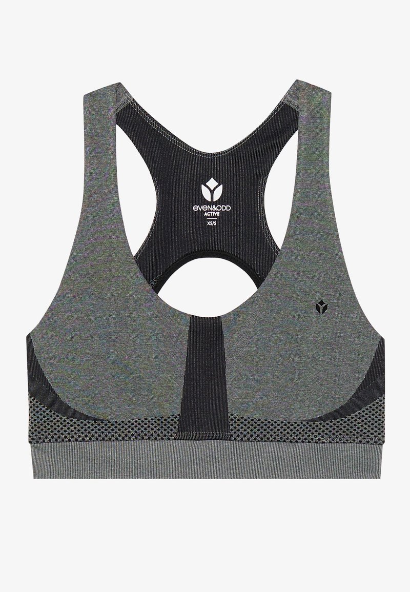 Aktivkläder sport-bh i grått och svart. Har en racerback-design, texturerad tyg och nätinslag för ökad andningsförmåga. Logotyp visas.