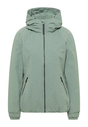Chaqueta con capucha de color verde claro, con cremallera frontal, dos bolsillos con cremallera, puños elásticos y pequeño logo bordado en el lado izquierdo del pecho.