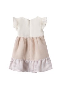 Mädchenkleid mit einem weißen Oberteil, kurzen gerafften Ärmeln und einem pinken Rock mit einer gestreiften Rüsche am Saum. Rückwärtige Knöpfe zum Schließen.