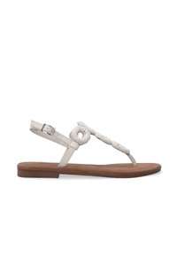 Beige flad sandal med flettet tekstildetaljering, ankelrem med spænde og en polstret brun sål.