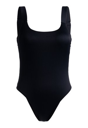 Bañador de una sola pieza negro con acanalado, tirantes anchos y escote cuadrado. Presenta una abertura de pierna alta y diseño minimalista. Textura suave.