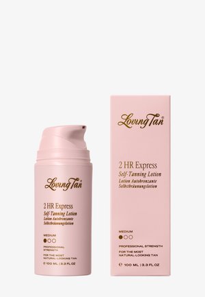 Loving Tan 2-Stunden-Express-Selbstbräunungslotion Flasche und Verpackung in Pink, mittlere Nuance, 100 ml, professionelle Stärke für natürlich aussehende Bräune.