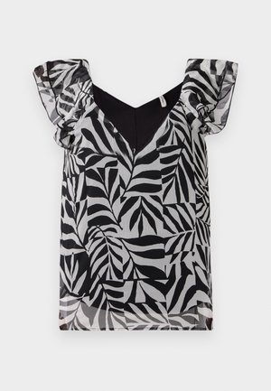 Mustvalge lehe mustriga pluus, millel on läbipaistvad volangvarrukad ja V-kujuline kaelus. Valmistatud kergest kangast, millel on sile tekstuur.