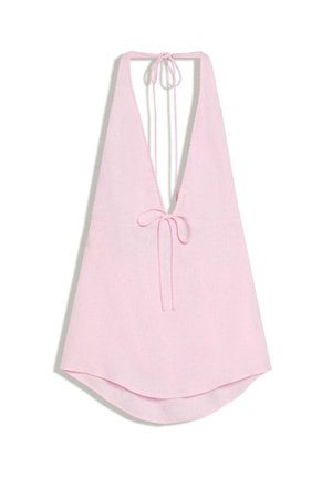 Light pink sleeveless halter top with deep V-neck and tie closures at neck and mid-back.