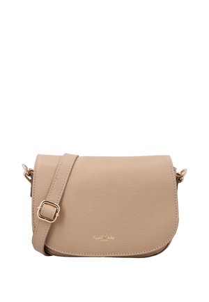 Beežist nahast üle õla kantav kott reguleeritava rihma, kuldse pandla ja väikese kuldse logoga esiklapis.