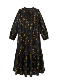 Schwarzes Kleid mit Blumenmuster in Gelb und Grün, langen Ballonärmeln, gerafftem Hals und gerüschtem Saum. Hergestellt aus leichtem Stoff.