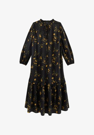 Zwarte jurk met bloemenpatroon in geel en groen, lange ballonmouwen, geplooide hals en een gerimpelde zoom. Gemaakt van lichtgewicht stof.