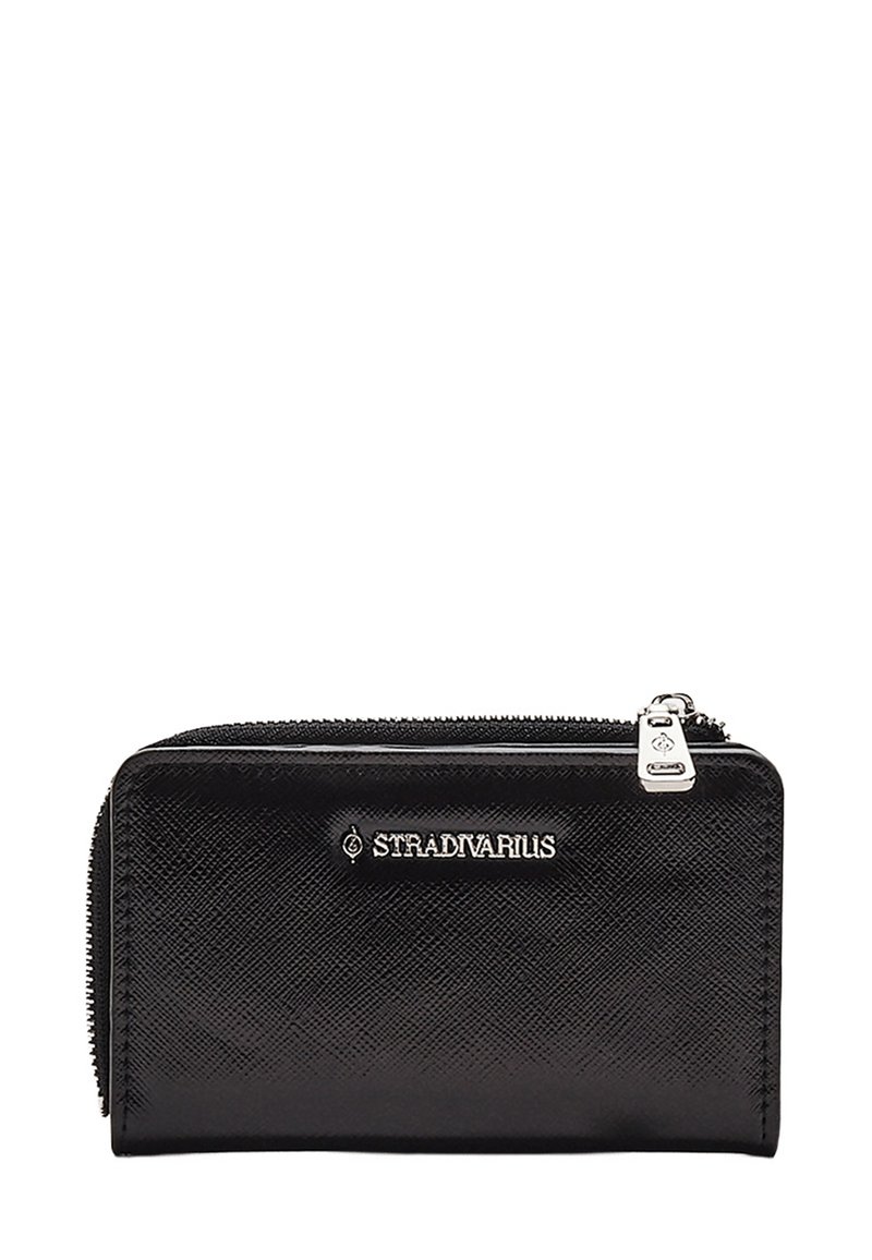 Black zippered wallet made of textured synthetic material with silver hardware and a logo embossed on the front. Compact rectangular shape.