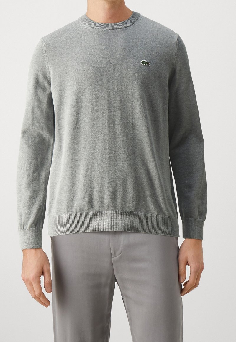 Pull en maille gris à manches longues, avec poignets et ourlet côtelés, arborant un petit logo vert sur la poitrine. Texture lisse, col rond classique.