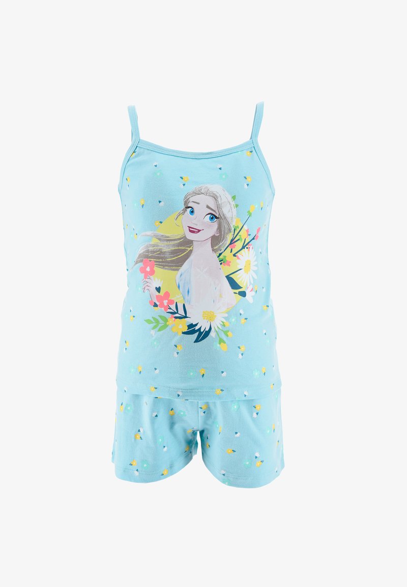 Light blue pajama set featuring a tank top and shorts. The top has a character graphic with floral accents and small colorful patterns.