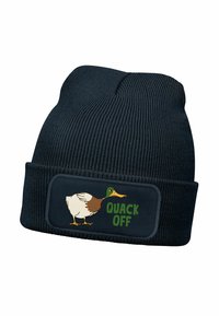Navy knitted beanie featuring a rectangular patch with a cartoon duck and the text "QUACK OFF" in green. Soft texture, stretchy fit.