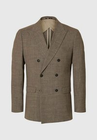 Brun linne dubbelknäppt blazer med slagkrage, två framfickor och svarta knappar. Insidan har en kontrasterande ljus foder.