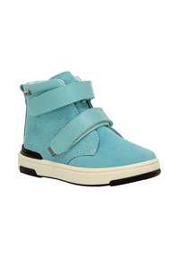 Blaue Wildleder-Hochschuhe mit zwei verstellbaren Riemen, weißer Sohle und schwarzen Akzenten. Enthält gestickte Details und eine runde Zehenform.